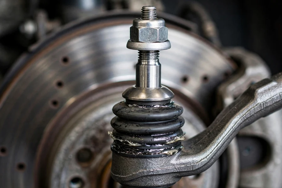Close-up of an outer tie rod end ball joint with its rubber dust boot, photographed on a BMW 3 Series with the brake disc visible behind it
