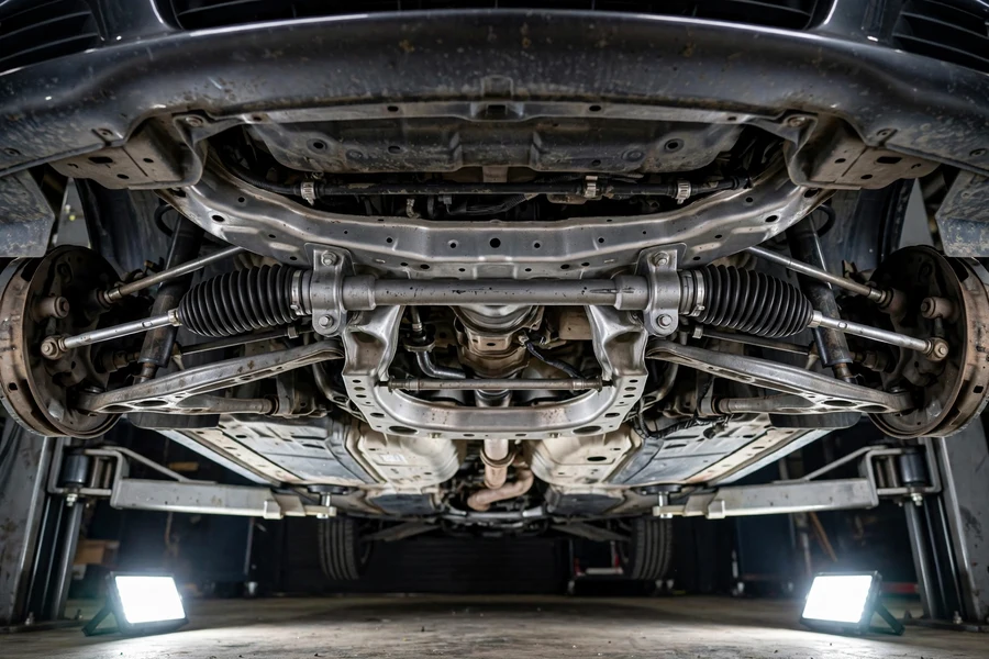 Steering rack with black accordion boots covering the inner tie rods, viewed from under a raised BMW 3 Series on a lift