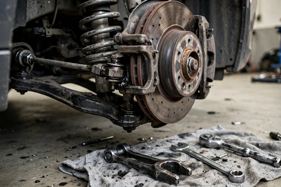 BMW 3 Series front suspension with the wheel removed, tie rod visible at the steering knuckle with hand tools laid out on a shop towel nearby