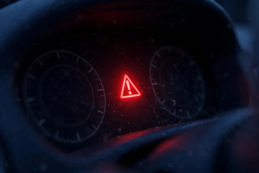 Red warning triangle glowing on a dark BMW-style instrument cluster at night