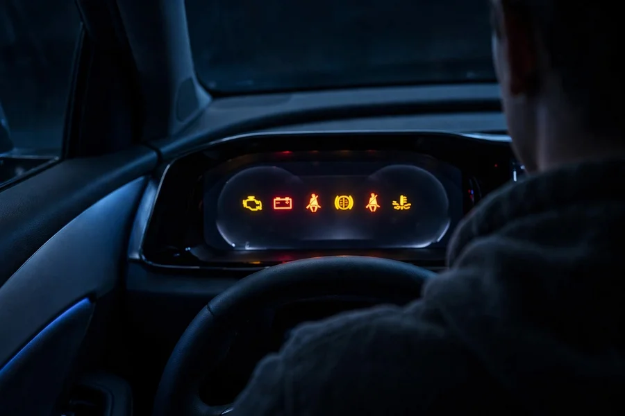 Driver looking at a dashboard with several warning lights lit at night
