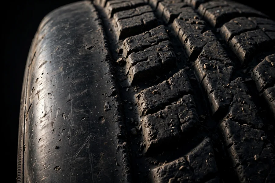 Macro view of a tire tread with the inner edge worn smooth from negative camber while the remaining tread keeps its grooves