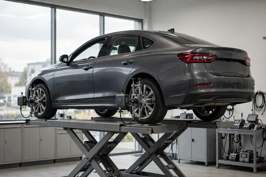 BMW 3 Series sedan on an alignment rack with laser alignment measuring heads mounted on the wheels