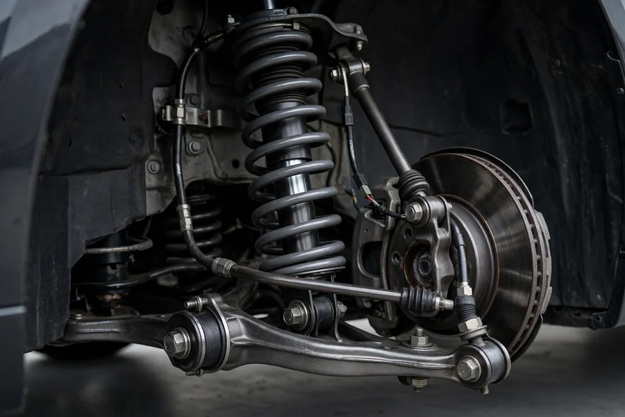 Front suspension detail behind a BMW wheel showing the strut, coil spring, control arm and tie rod