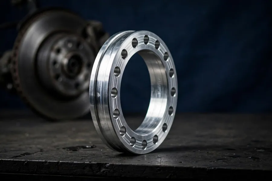 Machined aluminum wheel spacer ring on a workbench with a brake hub behind it
