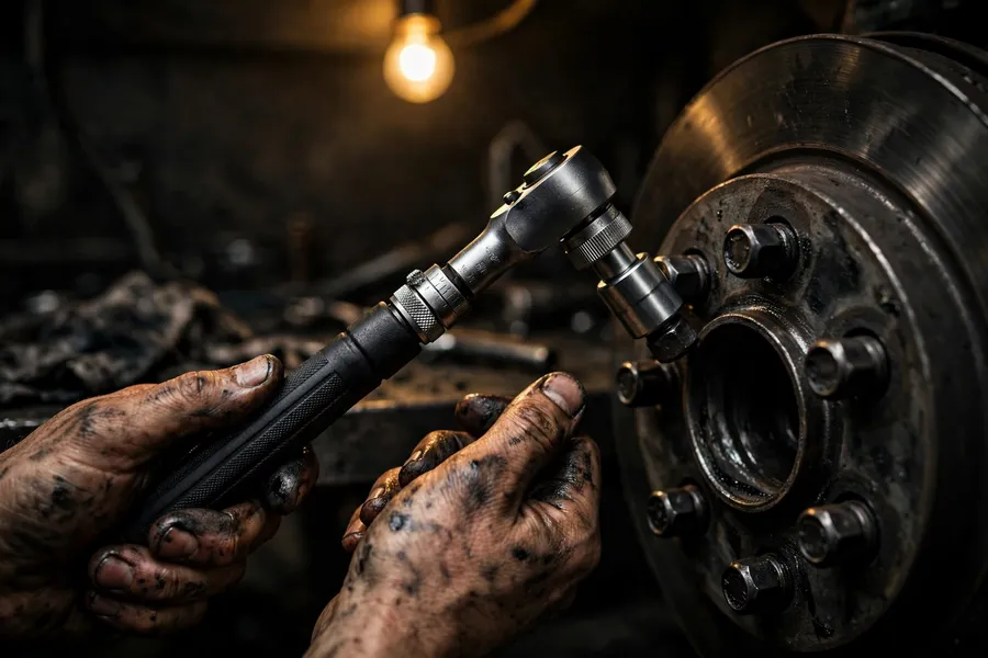 Torque wrench tightening wheel bolts on a BMW hub in a dark workshop