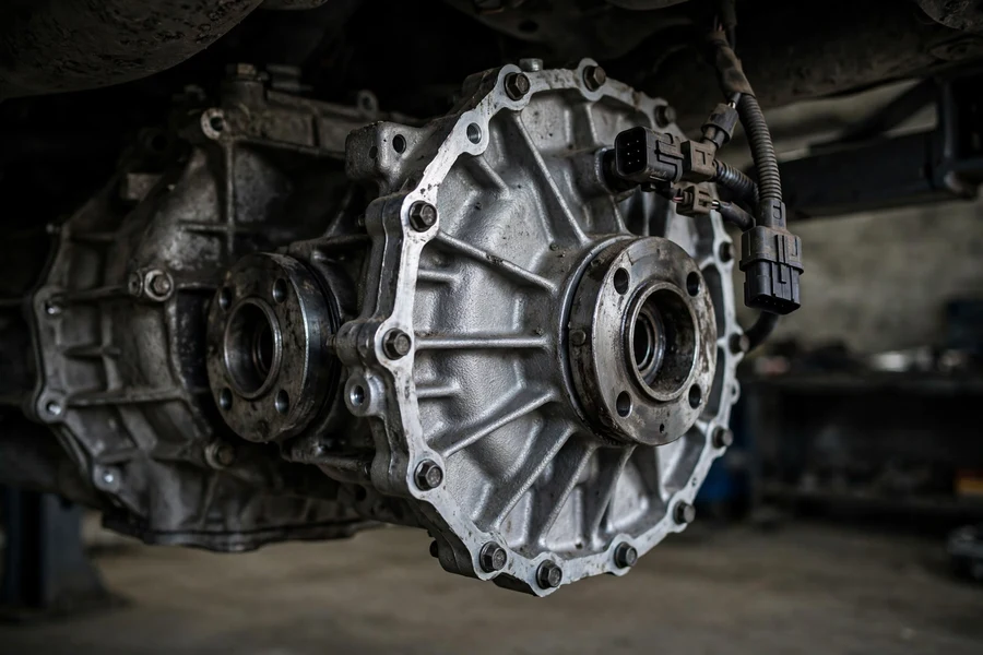 Close-up of a BMW xDrive transfer case housing bolted behind the transmission on an undercarriage