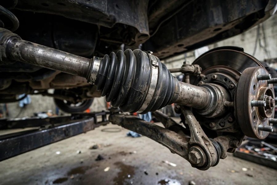 Front CV drive axle with rubber boot on a BMW xDrive raised in a repair shop