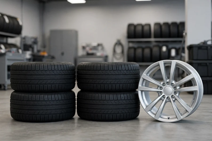Set of four matching tires stacked in a tire shop next to an alloy wheel