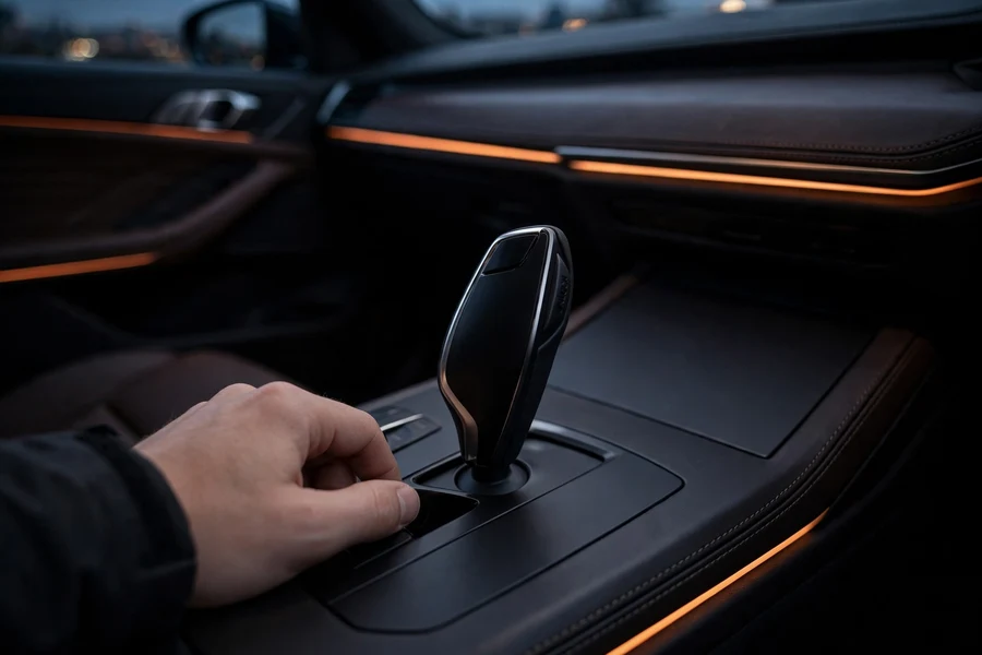 BMW electronic gear selector in a dark 3 Series interior