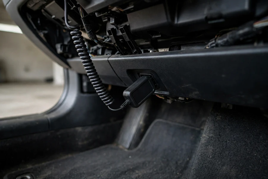 OBD2 diagnostic adapter plugged into a car's OBD2 port under the dashboard