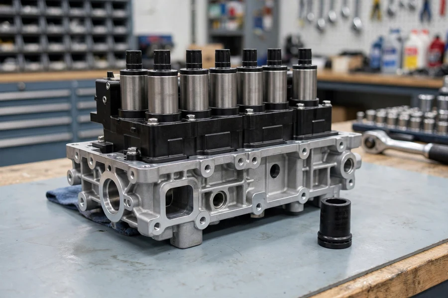 ZF mechatronic valve body unit with solenoid block and a new rubber sealing sleeve on a workbench