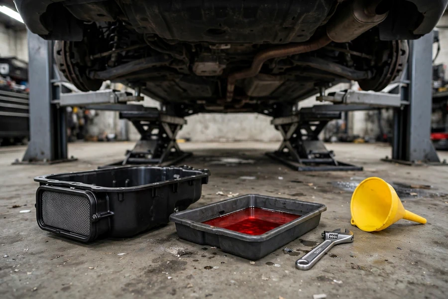New transmission oil pan with integrated filter beside a drain tray of red ATF during a BMW transmission service