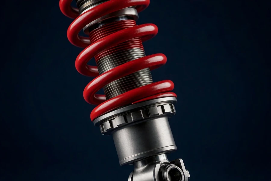 Close-up of a performance coilover strut with red coil spring and threaded height-adjustment body
