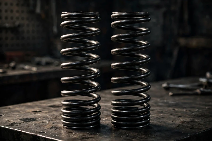 Pair of black progressive-rate lowering springs on a workshop table