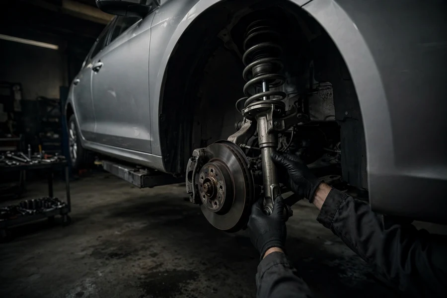 Gloved hands installing a strut assembly into the wheel well of a raised sedan