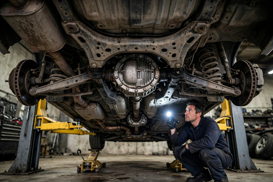 Mechanic inspecting a BMW E46 undercarriage on a lift