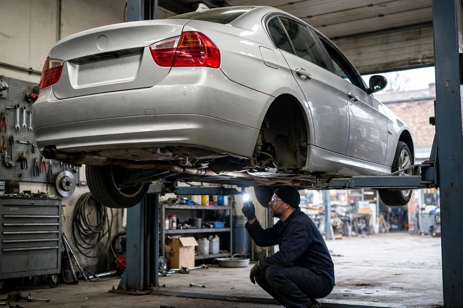 BMW E90 328i on a lift during a pre-purchase inspection