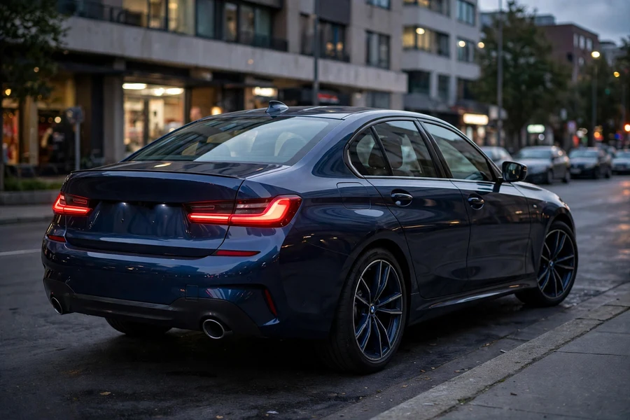 BMW G20 330i rear three-quarter view at dusk