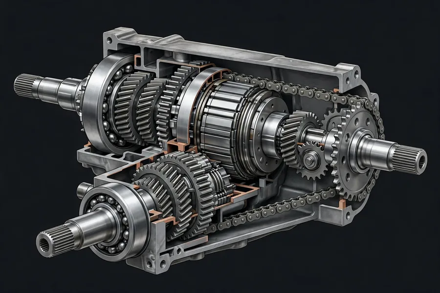 Cutaway illustration of an all-wheel-drive transfer case with clutch pack and chain drive