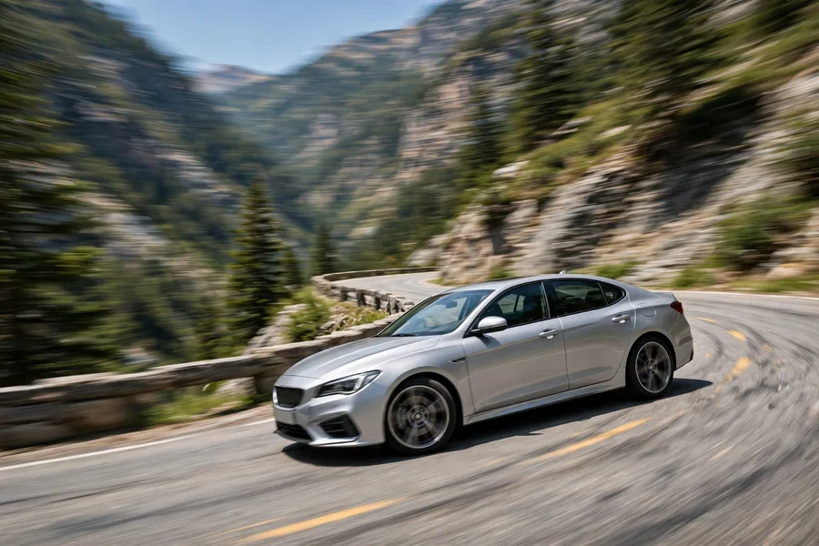 BMW sedan cornering on a winding mountain road