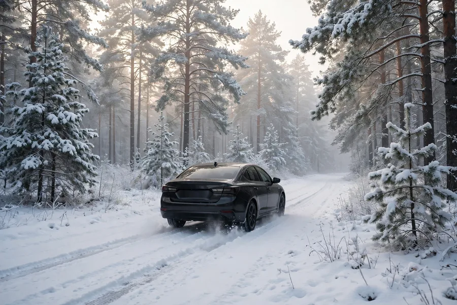 BMW driving on a snow-covered road through a winter forest