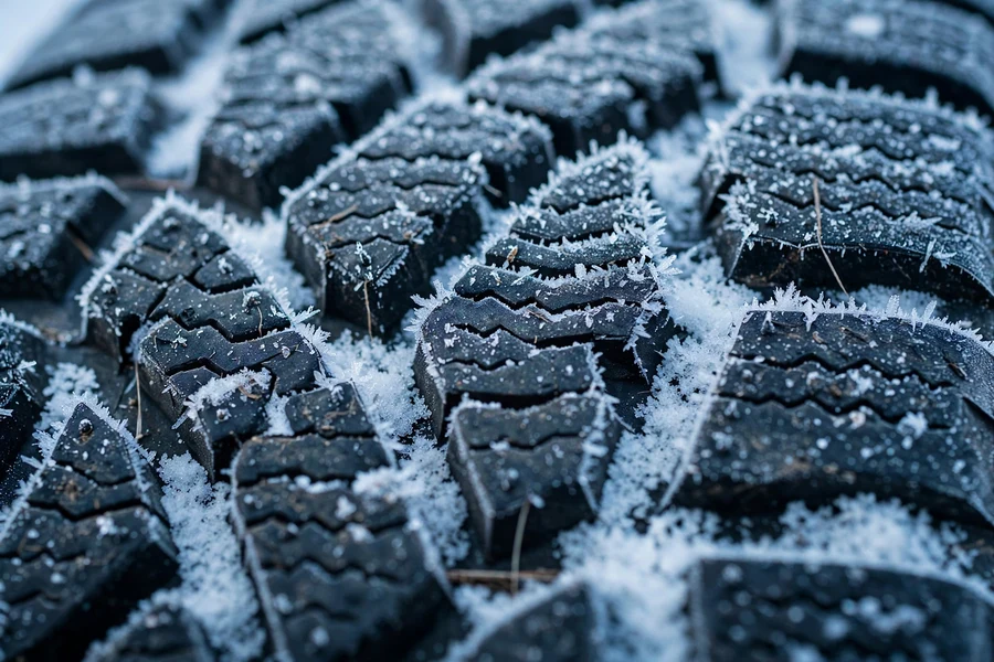 Macro view of a winter tire tread with sipes and frost