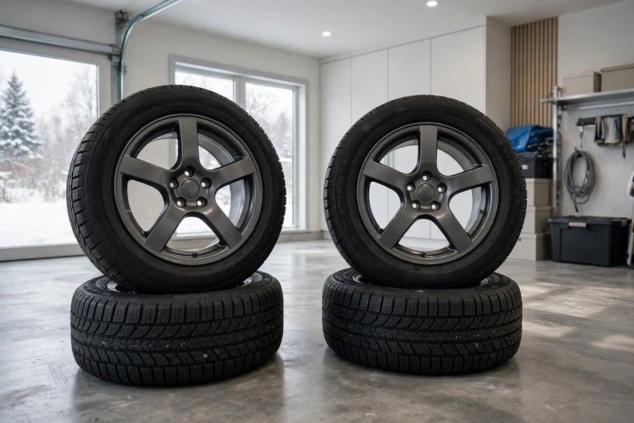 Four alloy wheels with winter tires stacked in a garage for seasonal storage