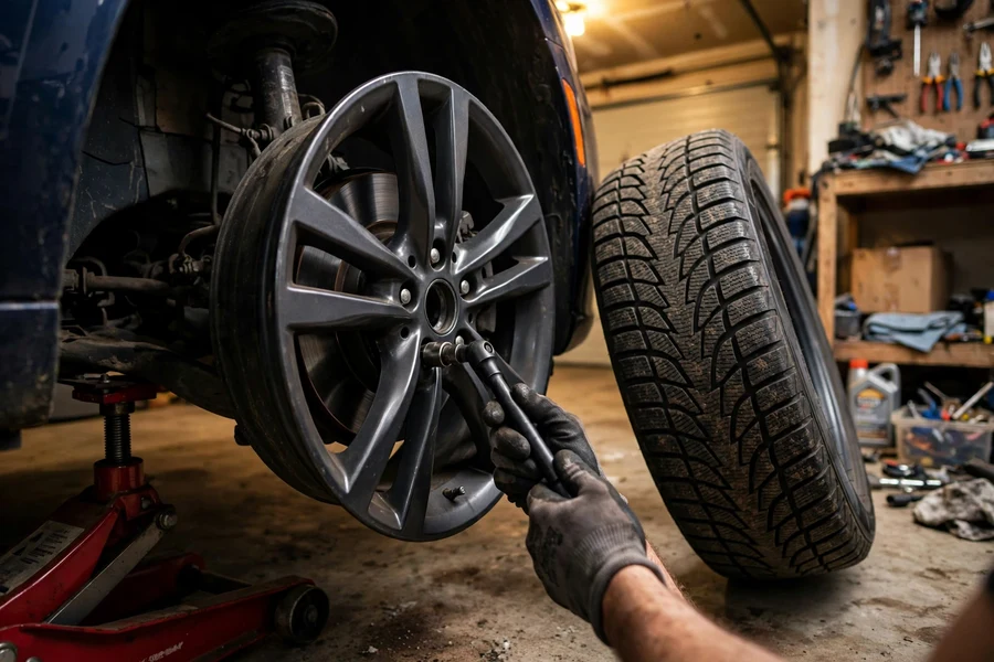 Seasonal wheel swap: tightening lug bolts on a raised car in a home garage