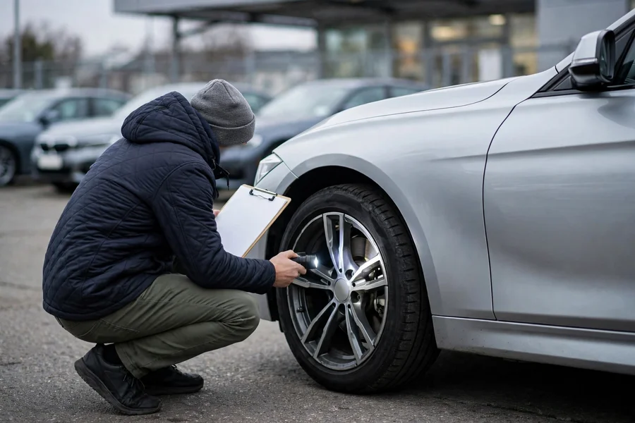 Buyer inspecting a used BMW 3 Series with a flashlight at a dealership