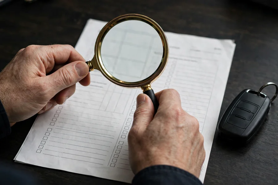 Close-up of hands reviewing a vehicle history report next to a BMW key