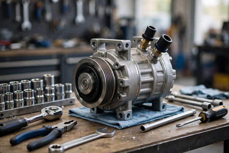 Air conditioning compressor on a workbench with hand tools during replacement