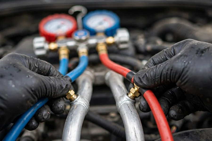 Technician connecting manifold gauge hoses to air conditioning service ports