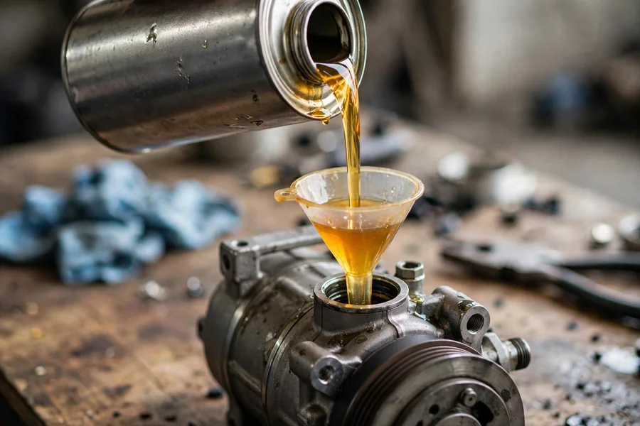 Pouring fresh compressor oil into an air conditioning compressor during oil balancing