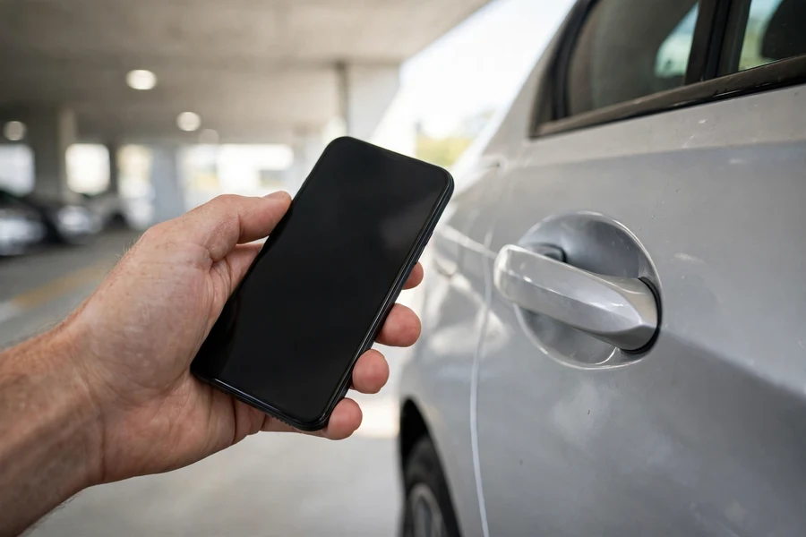 Hand holding a smartphone up to the door handle of a silver BMW, illustrating the NFC Digital Key