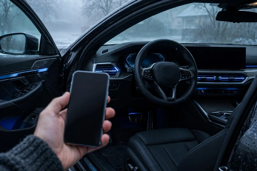 Hand holding a smartphone next to the open driver's door of a BMW on a cold winter morning