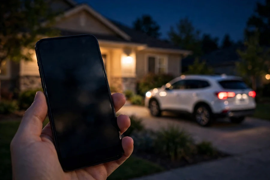 Hand holding a smartphone at night with a BMW parked in a driveway, remote vehicle monitoring