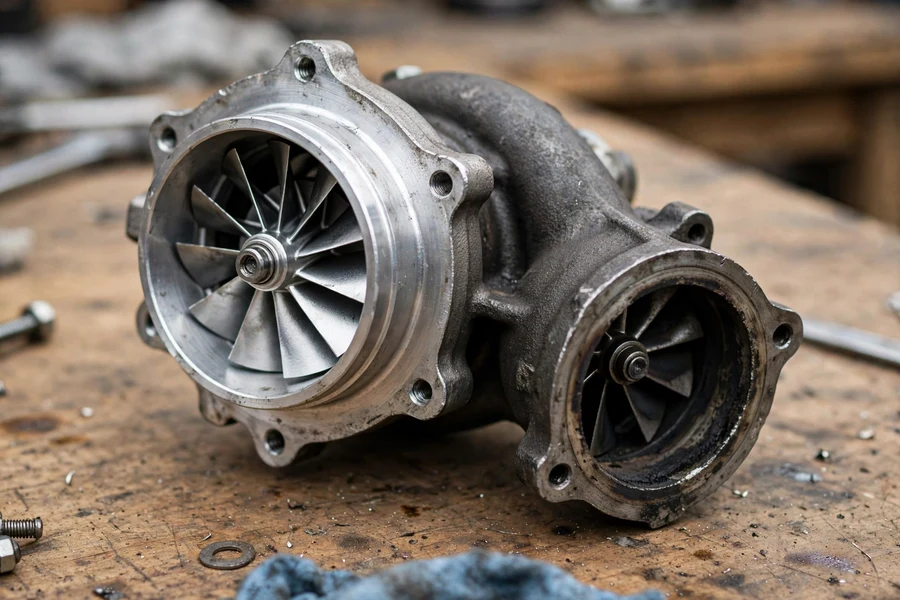Turbocharger removed from a BMW N54 engine on a workbench
