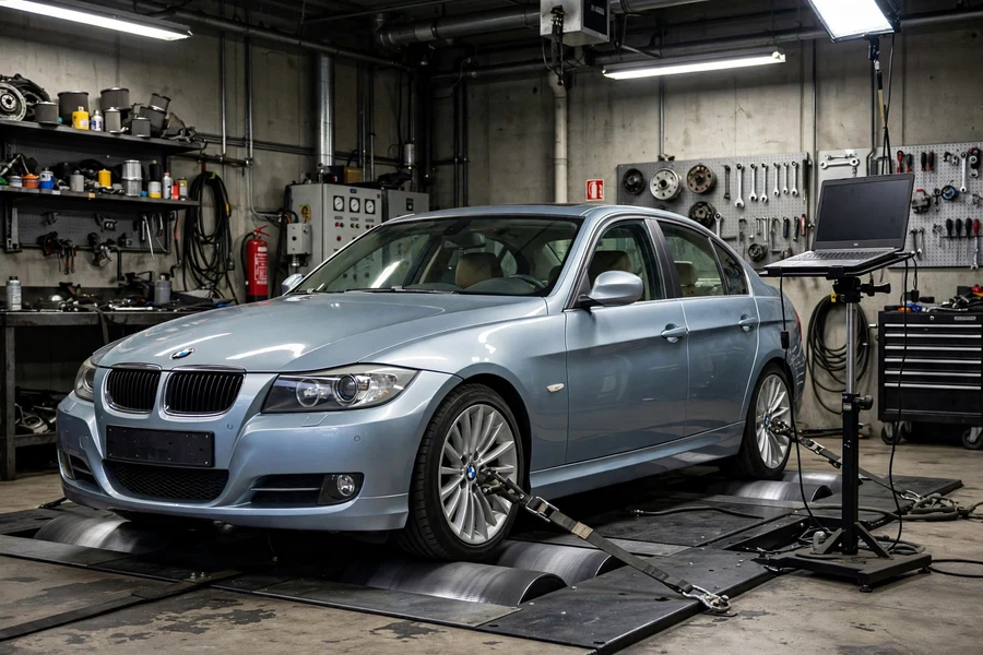 BMW E90 335i sedan on a dynamometer for tuning