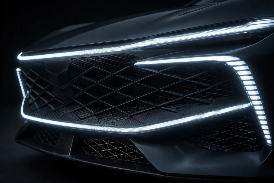 Close-up of a futuristic electric sedan's illuminated front light bar and dark grille detail