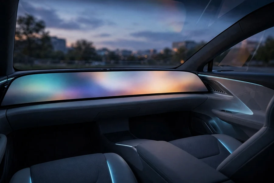 Futuristic car interior with a full-width panoramic display across the windshield base