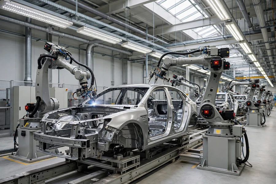 Modern car production line inside a bright factory with robotic arms