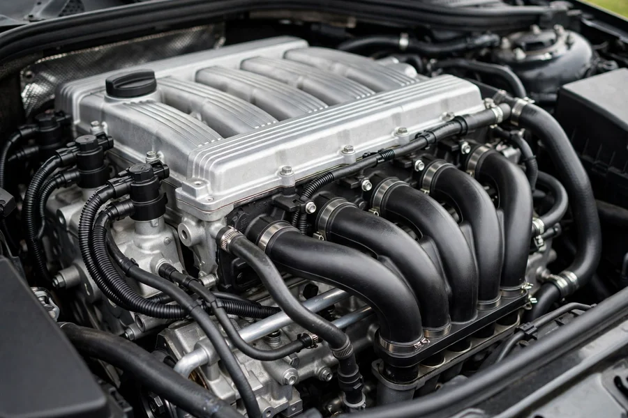 Mechanic inspecting the engine bay of a used BMW 3 Series