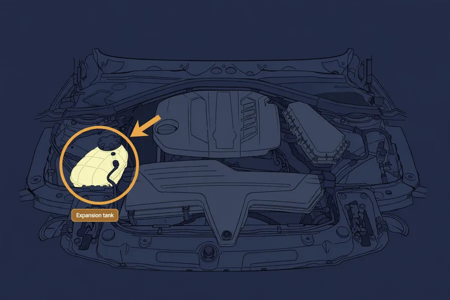 Diagram showing the coolant expansion tank location in a BMW G20 3 Series engine bay