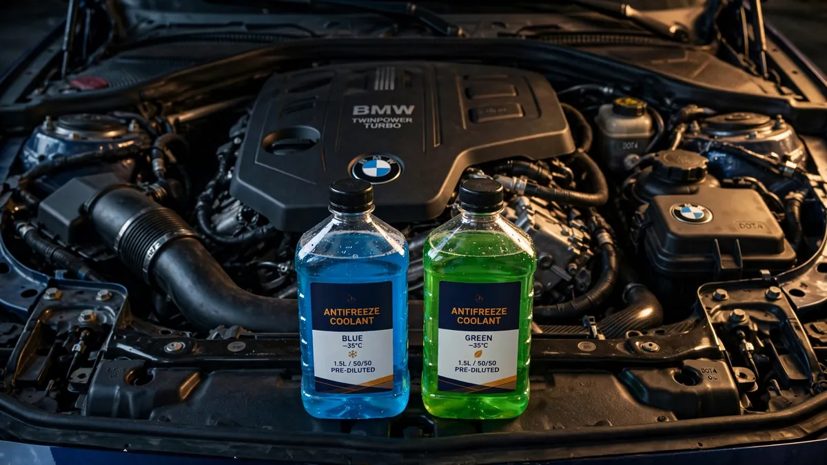 BMW 3 Series engine bay with blue G48 and green HT-12 coolant bottles side by side