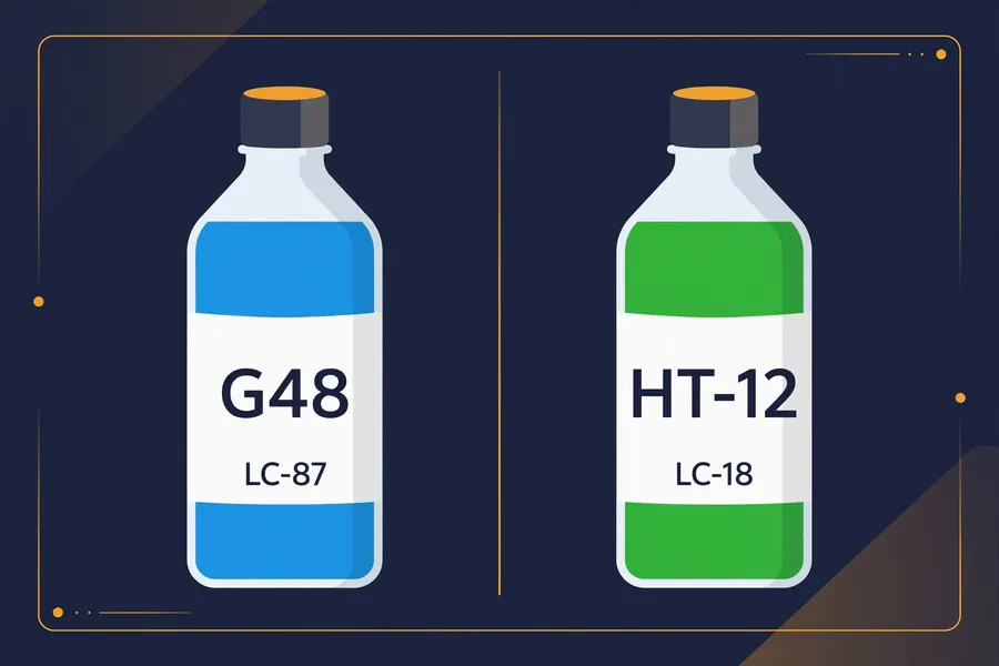 Comparison graphic of BMW G48 (LC-87) blue coolant versus HT-12 (LC-18) green coolant specifications