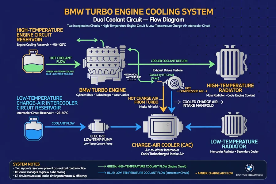 Flow diagram of the BMW turbo engine dual coolant circuit: high-temperature engine circuit and low-temperature charge-air circuit