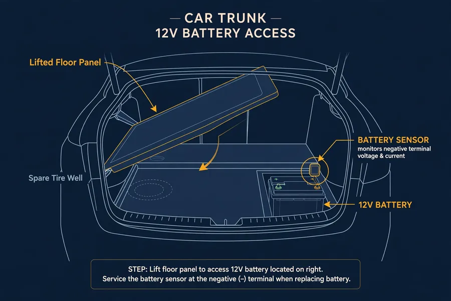Diagram showing the 12V battery under the trunk floor panel and the battery sensor on the negative terminal
