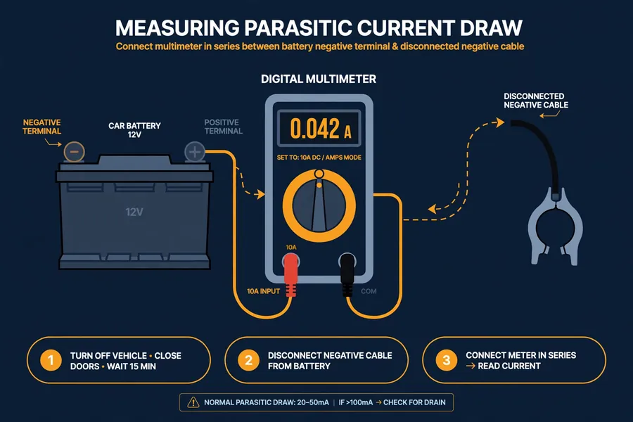 Diagram showing how to measure parasitic current draw with a multimeter connected in series