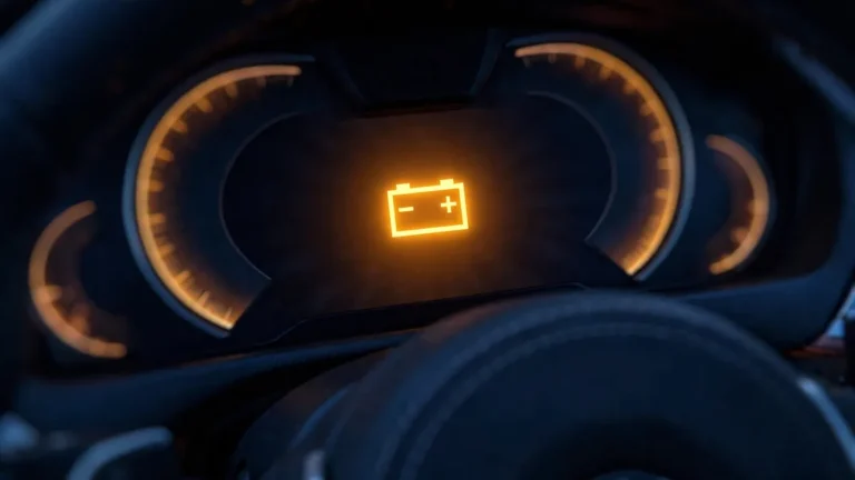 BMW instrument cluster at night with an amber battery warning light illuminated